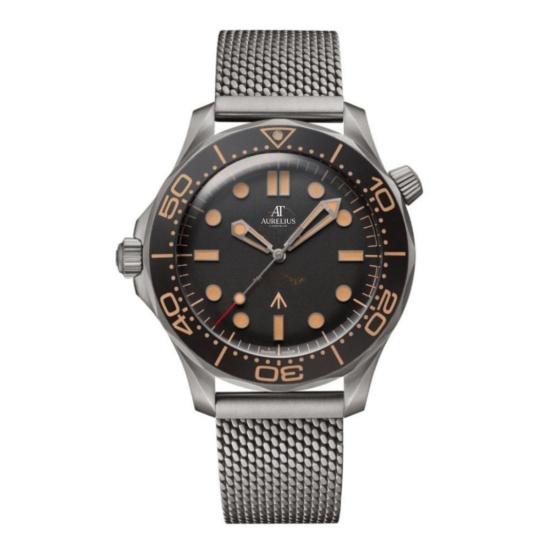 Plongeur Tactique 42 – Cadran Vintage Noir | Bracelet Maille Titane & Lunette de Plongée Aluminium Marron