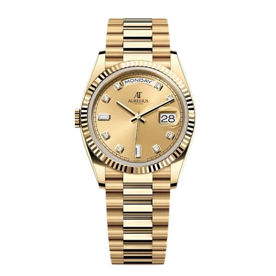 Président 40 – Cadran Champagne | Bracelet Ton Or & Index Diamant