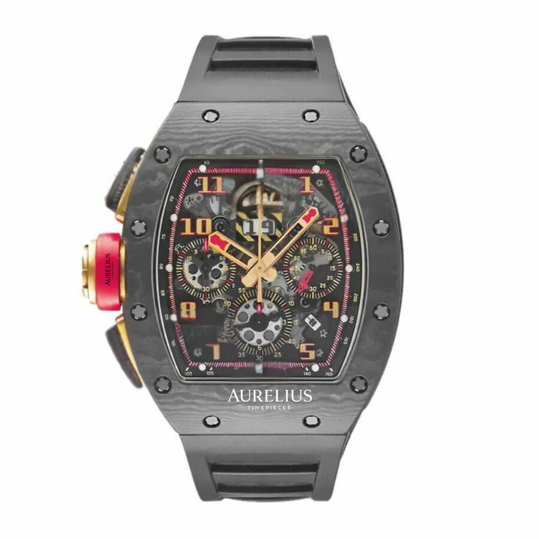 Chronographe Squelette 44 – Cadran Noir avec Accents Rouges | Boîtier Carbone & Bracelet Caoutchouc Noir