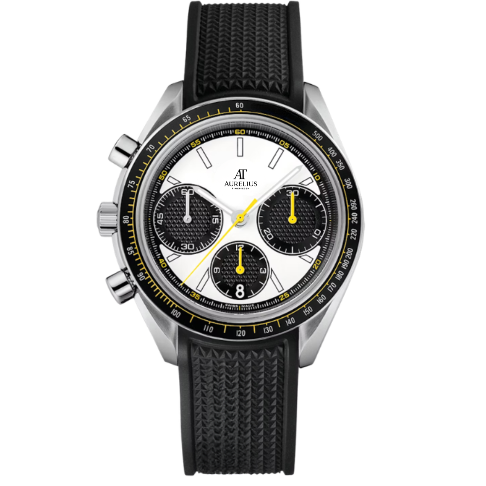 Chronographe Racing 42 – Cadran Blanc avec Sous-Cadrans Noirs | Boîtier Acier & Bracelet Caoutchouc Noir & Lunette Tachymètre Noir Jaune